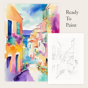 May include: Watercolour painting of a vibrant Italian street scene, featuring buildings in orange, pink, and yellow hues. Blue shutters and flower-filled balconies are visible. The text "Ready To Paint" is on the right.