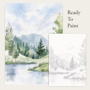 May include: A watercolour landscape painting featuring a lake, green pine trees, and mountains under a light blue sky with birds, alongside a matching black and white line art sketch. The text Ready To Paint is printed on the right side.