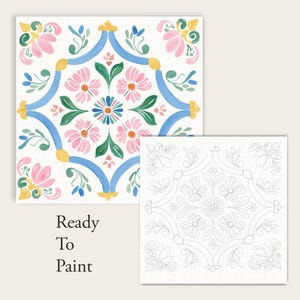 May include: Two square watercolor paintings. One is a colorful floral design with pink, blue, green, and yellow accents. The other is a black and white outline of the same design. Text on the bottom left reads "Ready To Paint".