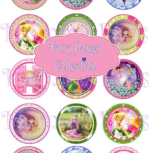 May include: A digital sheet of twelve circular stickers featuring various fairy illustrations, including winged figures in nature settings and cartoon characters. A central pink scalloped label displays the text Fairy Power Collection.