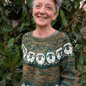 Könnte beinhalten: Ein langärmeliger Strickpullover mit einer melierten Farbpalette in Waldgrün, Oliv und Braun. Das Kleidungsstück zeigt ein kreisförmiges Muster aus weißen und dunkelbraunen Schafmotiven an der Passe und am Saum auf grünem Grund.