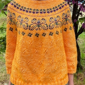 Può includere: Un maglione arancione lavorato a maglia con scollo tondo e maniche lunghe. Lo sprone presenta un motivo floreale nei toni del viola, verde e verde scuro. Il corpo del maglione ha un motivo a rombi strutturato.