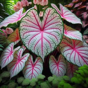 May include: Close-up of Caladium plants with large, heart-shaped leaves. The leaves are primarily white with vibrant pink veins and edges, and a delicate green outline. The image showcases the intricate patterns and textures of the foliage, with a lush green background.