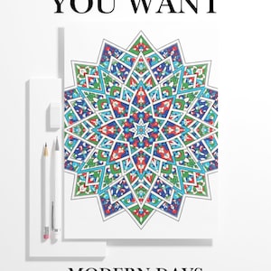 May include: A white paper featuring a vibrant mandala design in blue, green, red, and white. The text "WHERE EVER YOU WANT" is at the top, and "MODERN DAYS MANDALA MEETS WITH OTTOMAN CULTURE" is at the bottom. Pencils and an eraser are on the left.