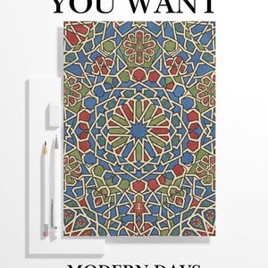 Puede incluir: Un cuaderno con un colorido patrón geométrico en rojo, azul, verde y beige. El texto "WHERE EVER YOU WANT" está en la parte superior y "MODERN DAYS MANDALA MEETS WITH OTTOMAN CULTURE" en la parte inferior. Lápices y una goma de borrar a la izquierda.