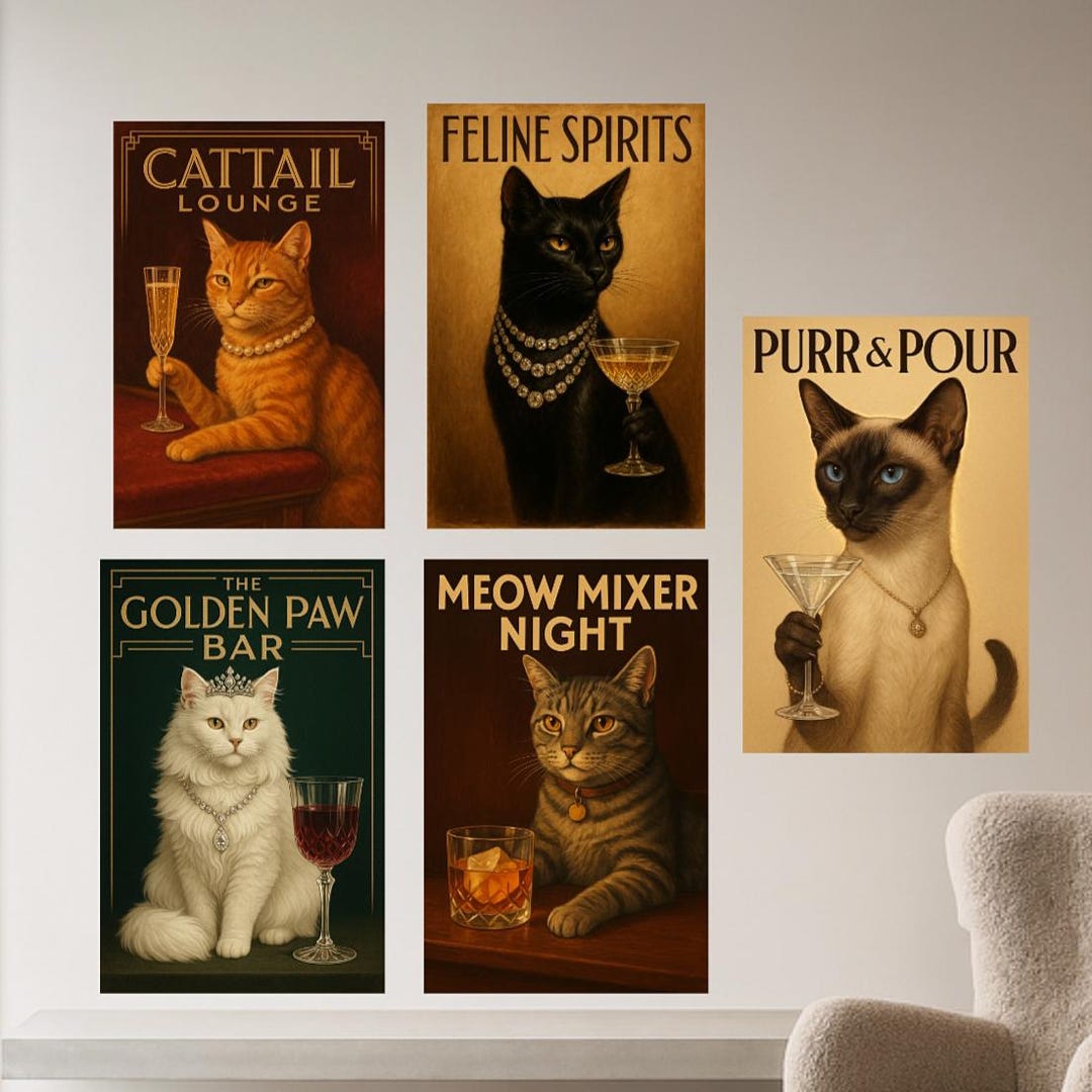 Set of 5 Vintage Cat Wall Art | Feline Cocktail Bar Posters | Funny Cat ...