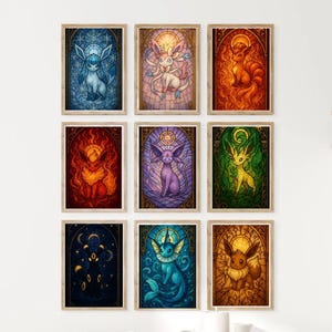May include: A set of nine rectangular wall art prints featuring stylized illustrations of various creatures in a stained glass aesthetic. Each print displays a different character in a unique color palette, including blue, pink, orange, red, purple, green, black, and brown tones, all framed in light wood.