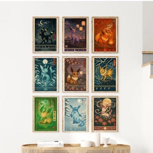 Puede incluir: Un conjunto de nueve láminas rectangulares para pared con ilustraciones estilizadas de diversas criaturas en entornos distintos, incluyendo bosques, agua, fuego y paisajes nevados, cada una enmarcada en madera clara y dispuesta en cuadrícula.