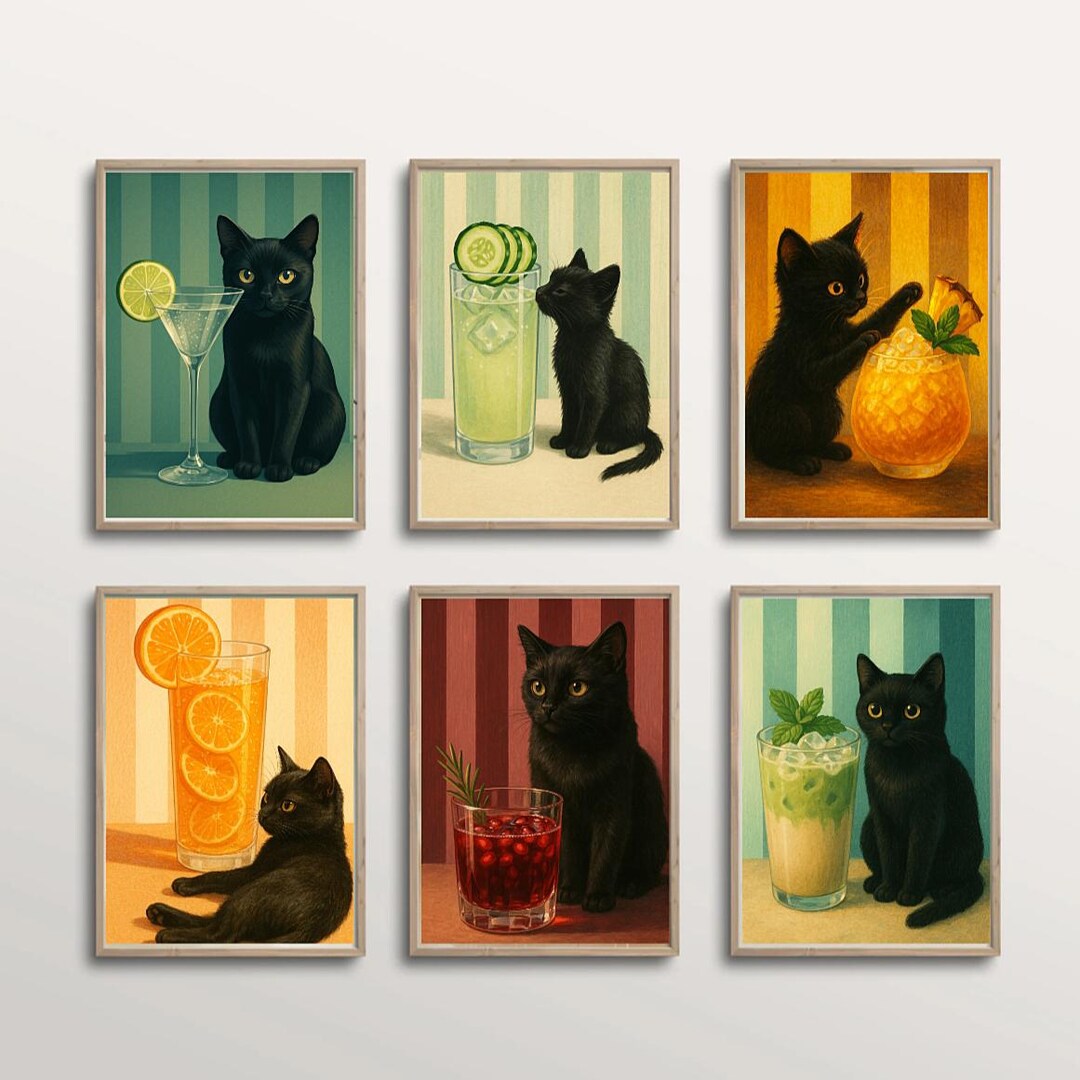Black Cat Cocktail Wall Art Set | 12 Retro Drink Posters | Cute Bar Cat ...