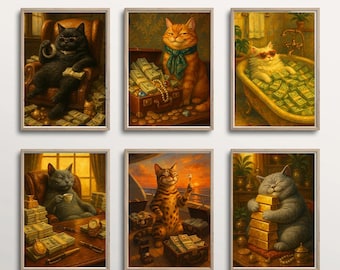 Set van 6 luxe kattenmuurkunstsets | Wealthy Cats-posters | Rijke kattenkunst | Gouden vintage katten | Grappige luxe kattenprints | Digitale download