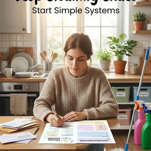 May include: A woman sits at a wooden table, writing on a checklist. The text "Stop Cleaning Chaos, Start Simple Systems" is at the top. A mop and cleaning supplies are in the background. The checklist is labeled "Cleaning Checklist" and "ADHD Brain Dump Page".