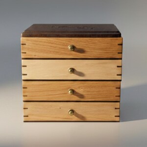 Tiered Oak Office Desk Trays, Walnut Box Lid with Burned Wood Decor | Splined Joinery