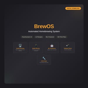 May include: A digital graphic for BrewOS, an automated homebrewing system. The design features the BrewOS logo, a "Digital Download" button, and icons representing features like touchscreen UI, 12 recipes, and ML-powered functionality.