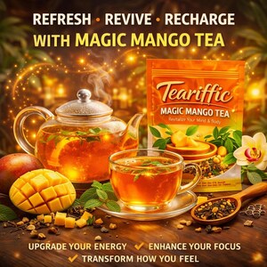 Peut inclure: Image d'une théière et d'une tasse en verre remplies de thé Magic Mango. Un paquet de thé Magic Mango Teariffic est visible, ainsi que des tranches de mangue et une cuillère en bois. Le texte indique : Refresh, Revive, Recharge with Magic Mango Tea.