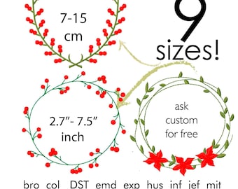 May include: Digital embroidery design featuring three wreath motifs with red berries and green leaves. Text includes 9 sizes, 7-15 cm, 2.7-7.5 inch, ask custom for free, and a list of file formats: bro, col, DST, emd, exp, hus, inf, jef, mit, new, pcs, pec, pes, sew, tap, vip, vp3, XXX.