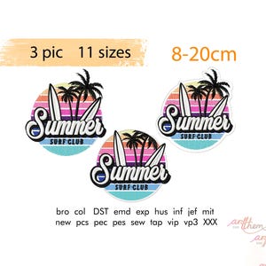 Summer Surf Club Embroidery Design, Retro Sunset Palm Trees (Digital Download) Machine Embroidery File