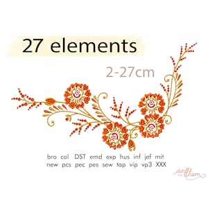 Pode incluir: Um design de bordado com elementos florais laranja e amarelos, caules curvos e pequenos botões. O texto 27 elements e 2-27cm é visível, juntamente com uma lista de formatos de ficheiro incluindo bro, col, DST, emd, exp, hus, inf, jef, mit, new, pcs, pec, pes, sew, tap, vip, vp3 e XXX.