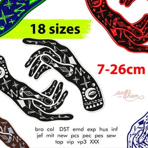 May include: A collection of embroidered hand patches featuring celestial motifs like moons, stars, and eyes. The designs are available in 18 sizes ranging from 7-26cm. The text includes 18 sizes, 7-26cm, and a list of file formats like bro, col, DST, emd, exp, hus, inf, jef, mit, new, pcs, pec, pes, sew, tap, vip, vp3, and XXX.