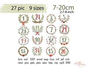 May include: A digital collection of 27 embroidery designs featuring numbers 1 through 26 framed by green wreaths with red accents. The text reads 27 pic, 9 sizes, 7-20cm, 2.7-8 inch, and lists various file formats including DST, PES, and JEF.
