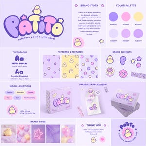 Peut inclure: Une planche d'identité de marque pour Patito avec une palette de couleurs violette, rose et jaune. Elle présente un logo avec une icône de poussin, des exemples de typographie, des motifs de poussins et d'étoiles, des emballages et des éléments.