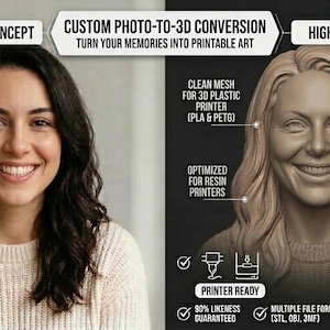 Puede incluir: Imagen que muestra la foto de una mujer junto a una representación 3D de su rostro. El texto dice "Conversión personalizada de foto a 3D" y "Convierte tus recuerdos en arte imprimible". El modelo 3D se describe como "Archivo STL de alta calidad" y "Listo para imprimir".