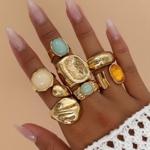 Bagues à empiler en or 7 pièces, ensemble sculptural bohème, anneaux réglables, cadeau pour elle