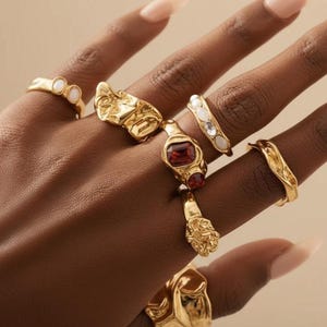 7-Piece Gold Statement Ring Set | Chunky Sculptural Stacking Bands (Adjustable) | Gift for Her