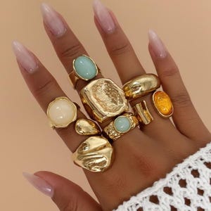 7-Piece Gold Statement Stacking Rings, Boho Sculptural Set, Adjustable Bands, Gift for Her