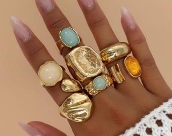 Bagues à empiler en or 7 pièces, ensemble sculptural bohème, anneaux réglables, cadeau pour elle