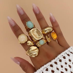 7-Piece Gold Statement Stacking Rings, Boho Sculptural Set, Adjustable Bands, Gift for Her