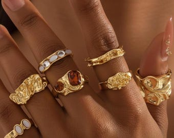7-Piece Gold Statement Ring Set | Chunky Sculptural Stacking Bands (Adjustable) | Gift for Her