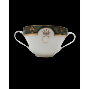 Vintage White Green Bone China Bouillon Cup With Gold Trim Crown Monogram Double Handles