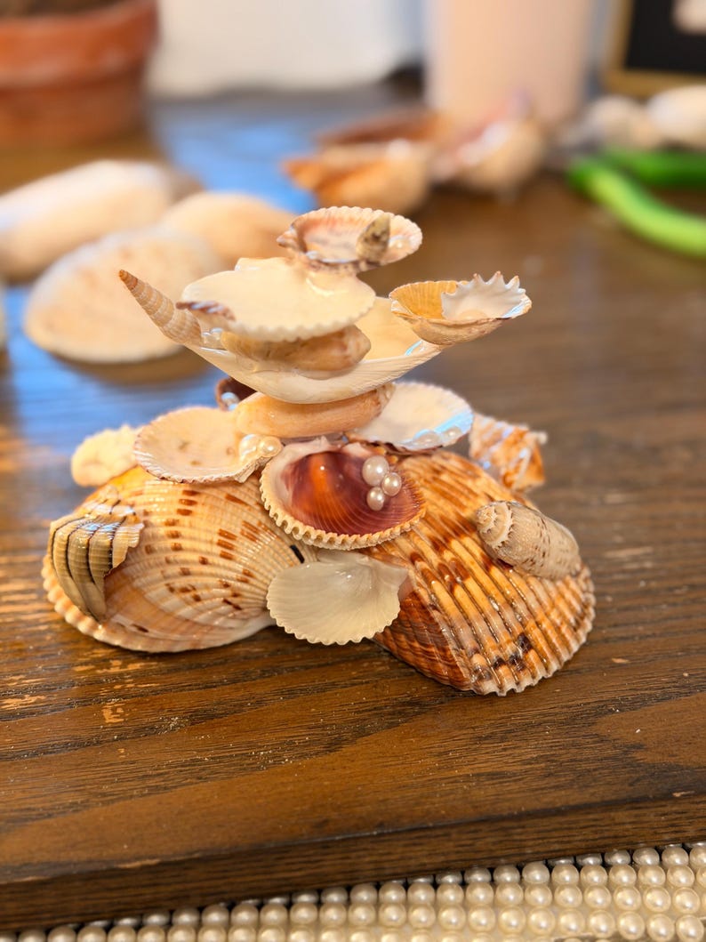 May include: A decorative sculpture constructed from various seashells in shades of tan, brown, and white. The structure features a layered arrangement of scallop, spiral, and clam shells, accented with small white spherical beads nestled inside.