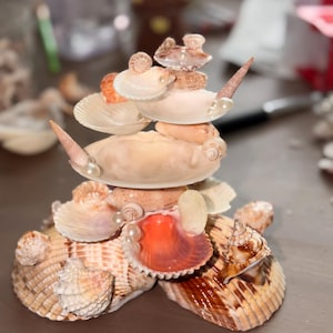 May include: A decorative sculpture constructed from various seashells, including large brown striped bivalves at the base, smaller white fan-shaped shells, spiral shells, and small white pearls arranged in a tiered, stacked formation.