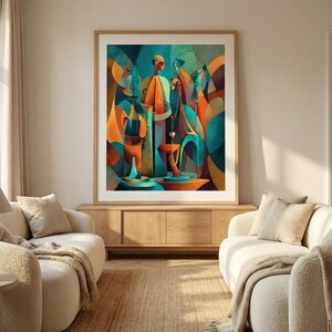 Puede incluir: Impresión artística abstracta en un marco de madera. La obra presenta un diseño geométrico colorido con formas turquesas, naranjas y amarillas. La impresión se exhibe sobre un mueble de madera en un salón.