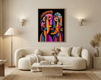 Modern abstrakt karaktärsdigital konst – Treögd surrealistisk figur, djärva orange färgblock, uttrycksfulla linjer