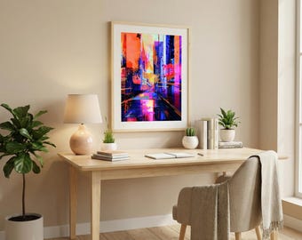Abstrakt digital konst på stadsgator – livfulla glitch-texturer, surrealistiska urbana lager, samtida gallerikvalitetstryck