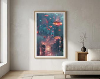 Surrealistisk digital konst – Flytande hamburgare som regnar över en liten stad, dämpade pasteller, väggkonst i gallerikvalitet