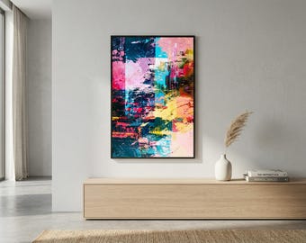 Livfull abstrakt konst med glitchmotiv – surrealistiska lager, konceptuellt digitalt konstverk, tryck i gallerikvalitet
