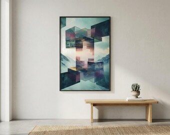 Futuristisk abstrakt digital konst – Flytande geometriska strukturer, omgivande ljus, modern konceptuell väggkonst