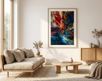 Känslomässig abstrakt digital konst – Expressionistiska virvlande former, dämpade röda och blå nyanser, modern konst med hög detaljrikedom
