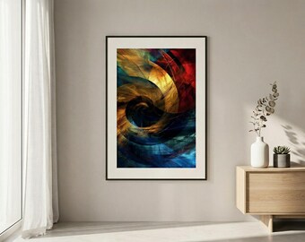 Abstrakt spiralkonst – expressionistisk digital målning, virvlande guld, blått och rött, konceptuell modern väggkonst