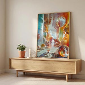 Peut inclure: Une impression d'art abstraite encadrée avec une composition surréaliste colorée. L'œuvre présente un mélange de teintes orange, bleu et jaune, avec des formes sphériques et organiques. L'impression est exposée sur un meuble en bois clair, avec une plante en pot et une bougie.