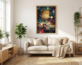 Absurd rymdkökskonst – Dansande brödrost och lampa, färgglad surrealistisk digital illustration