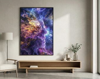 Kosmisk mänsklig fusion digital konst – abstrakta energiformer, lila blått guld, surrealistiskt andligt tryck