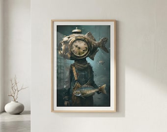 Absurd surrealism digital målning – Person med klocka som huvud, håller fisk, dramatisk och gallerikvalitet