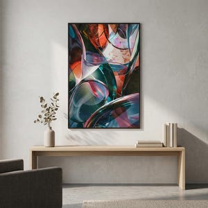 May include: Abstract art print in a black frame. The artwork features a vibrant composition of swirling shapes in shades of teal, orange, and purple. The print is displayed above a wooden bench with books and a vase.