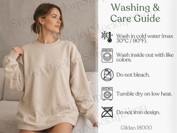 Gildan 18000 Care Instructions, Gildan 18000 Washing Guide, Gildan 18000 Care Card Mockup, Gildan 18000 Mockup,POD Seller Tools