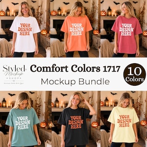 Puede incluir: Un paquete de camisetas Comfort Colors 1717 en diez colores diferentes, cada una con el texto YOUR DESIGN HERE en una fuente negrita y ondulada. Las camisetas se muestran en formato de cuadrícula, exhibiendo varios tonos incluyendo blanco, naranja, rosa y negro.