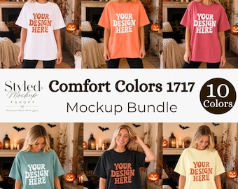 Comfort Colors 1717 Pacchetto di mockup di Halloween, CC1717 Mockup di maglietta avorio, Mockup di t-shirt stile autunnale, Mockup di ragazza it-girl per la stagione spettrale dell'autunno